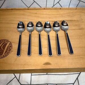 Fiesta Cobalt Blue Stainless Steel Teaspoons Flatware Set of 6 Enamel Inlay